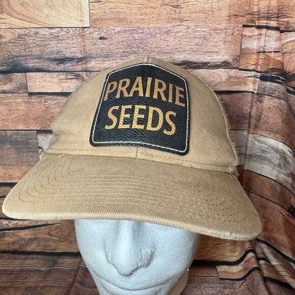 Prairie Seeds Logo Hat Mesh SnapBack Adjustable Brown Cap Leather Patch Farm - Picture 1 of 8